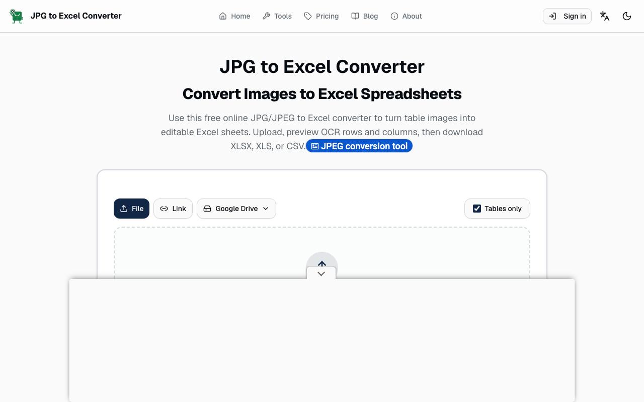 JPG To Excel Converter - Free Online AI Driven Tools screenshot