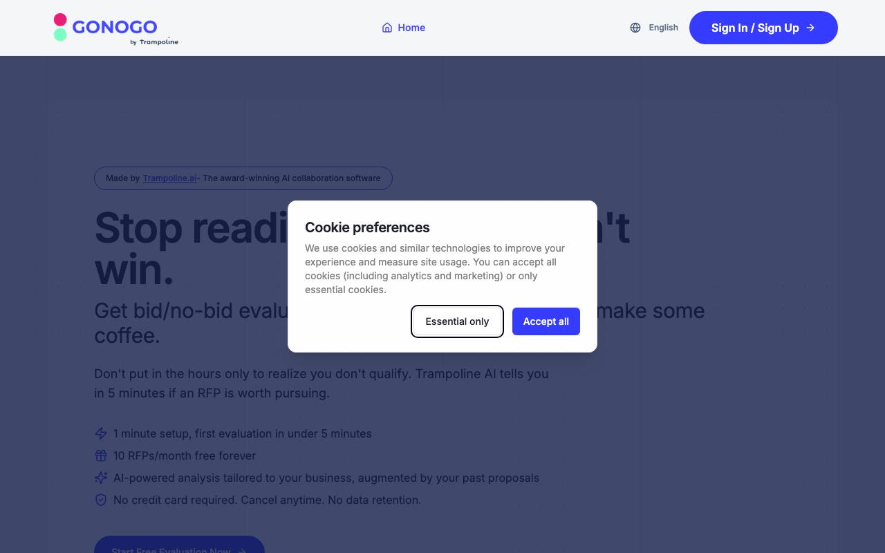 Go/NoGo - Strategic RFP evaluation tool screenshot